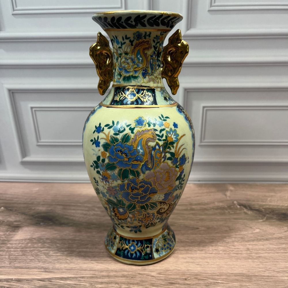 Vintage Porcelain Japanese Satsuma Style Vase Floral 8 in Gold Trim Yellow Blue